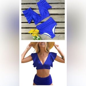 SPORLIKE Women Royal Blue Ruffle Swimsuit Push Up LARGE Top w/MEDIUM Bottom
